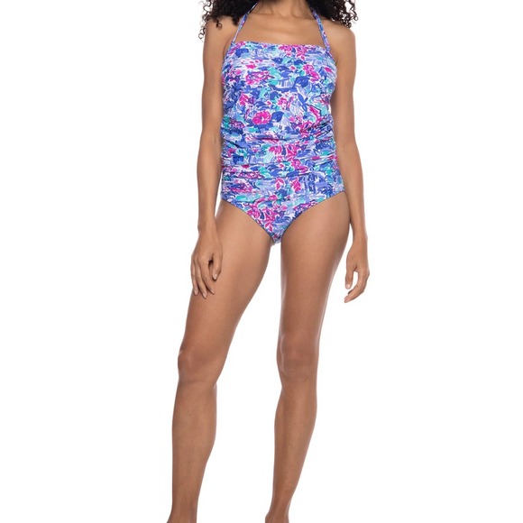 Coolibar Lanikai 3 in 1 Swim Bottom Tropical Floral Ruched Pink Blue M UPF 50 - Picture 2 of 8